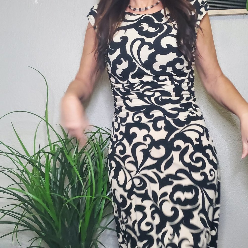 Enfocus Studio I Cream/Black Vine Patterned A-Line Scoop Neck Ruched Dre… - Picture 14 of 14